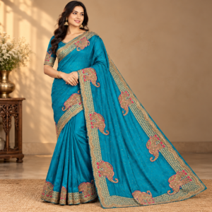 elegant teal saree portrait with elephants